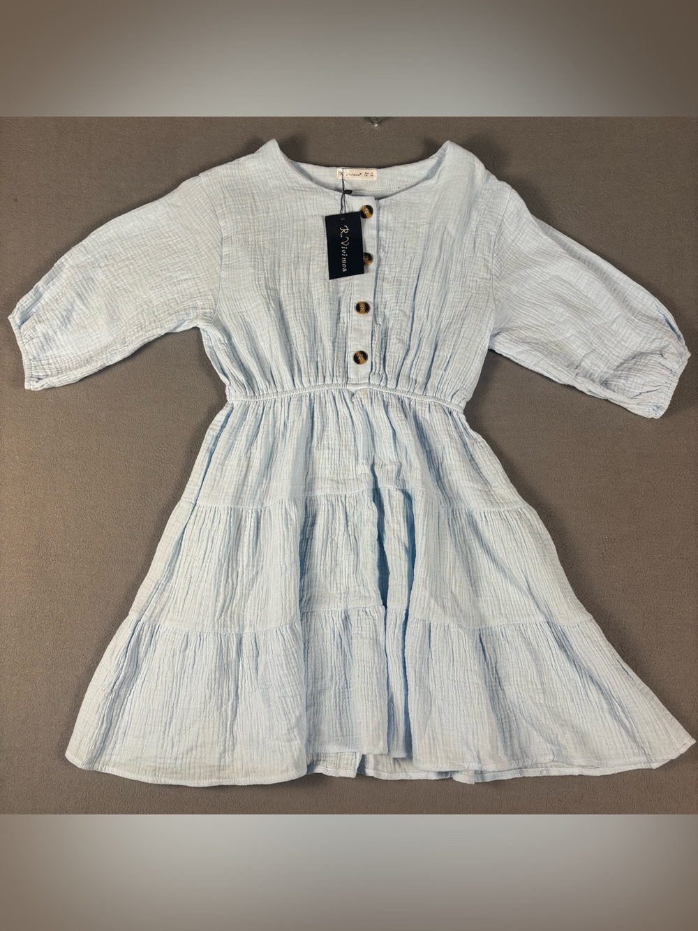 R Vivimos S Short Tiered Muslin Blue Dress Cottage Prairie 3/4 Sleeve Buttons